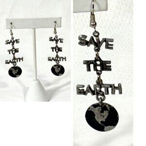 Silver-tone Save the Earth dangle earrings.